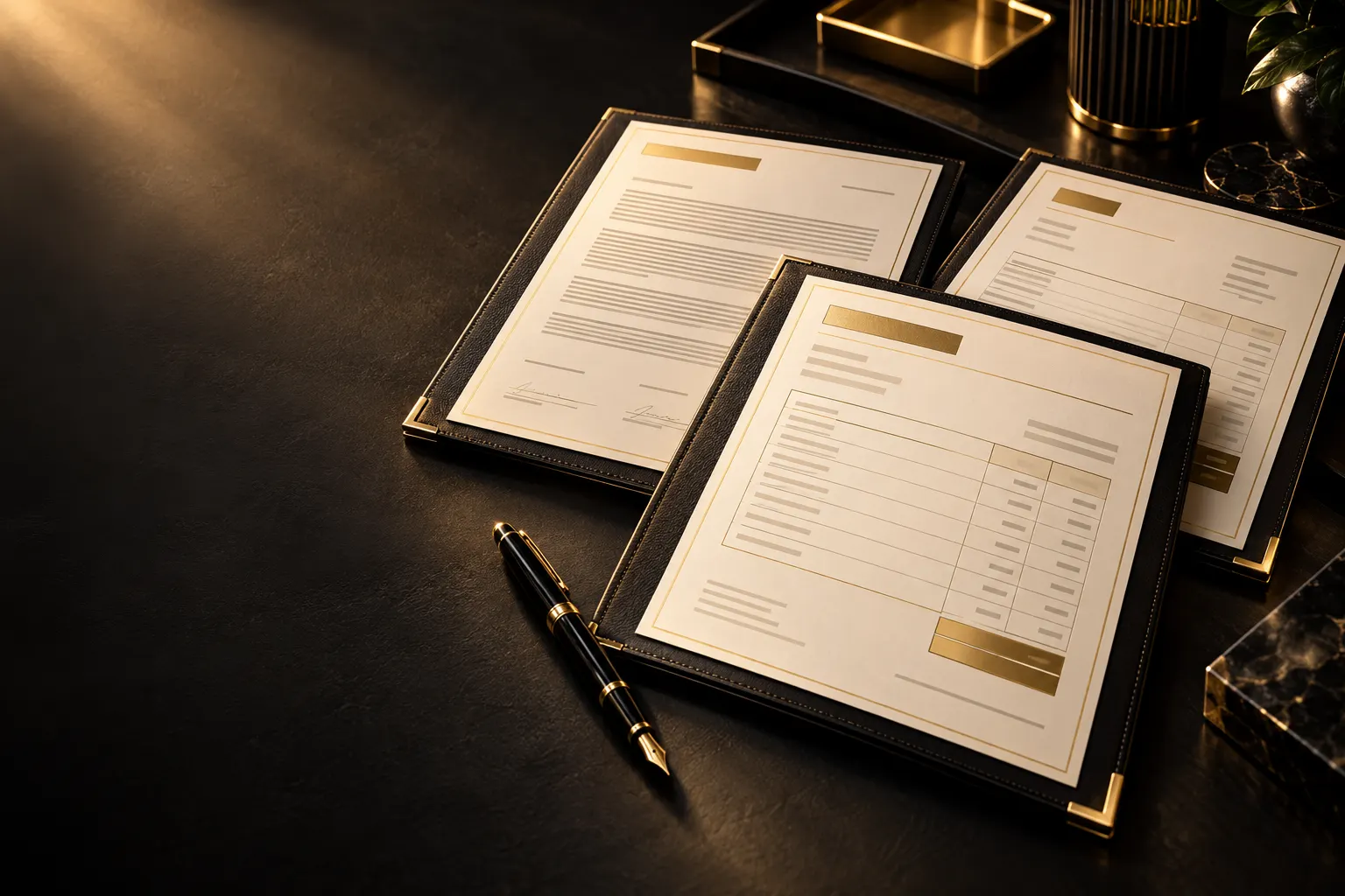 Photorealistic black and gold document folios with cream paper and a fountain pen